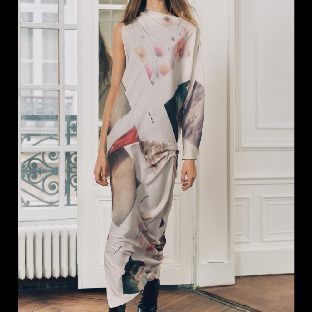 ZARA ZW COLLECTION PRINTED ASYMMETRIC DRESS Abstract Print Large NWT